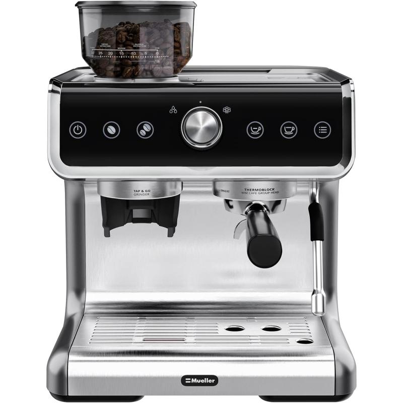 Coffee maker with shop grinder and frother